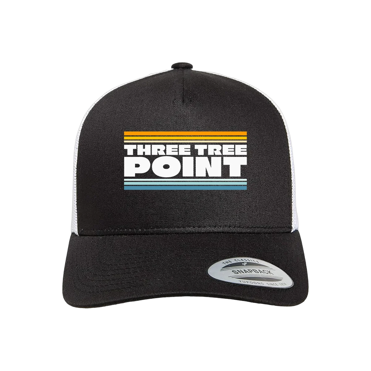 Three Tree Point 5-Panel Retro Trucker Cap — Black / White, front