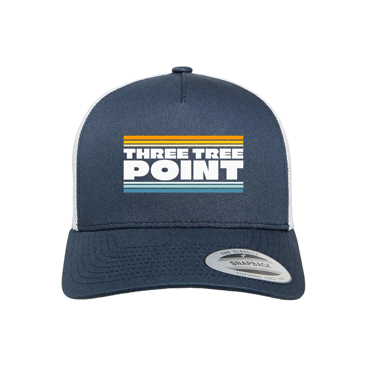 Three Tree Point 5-Panel Retro Trucker Cap — Navy / White, front