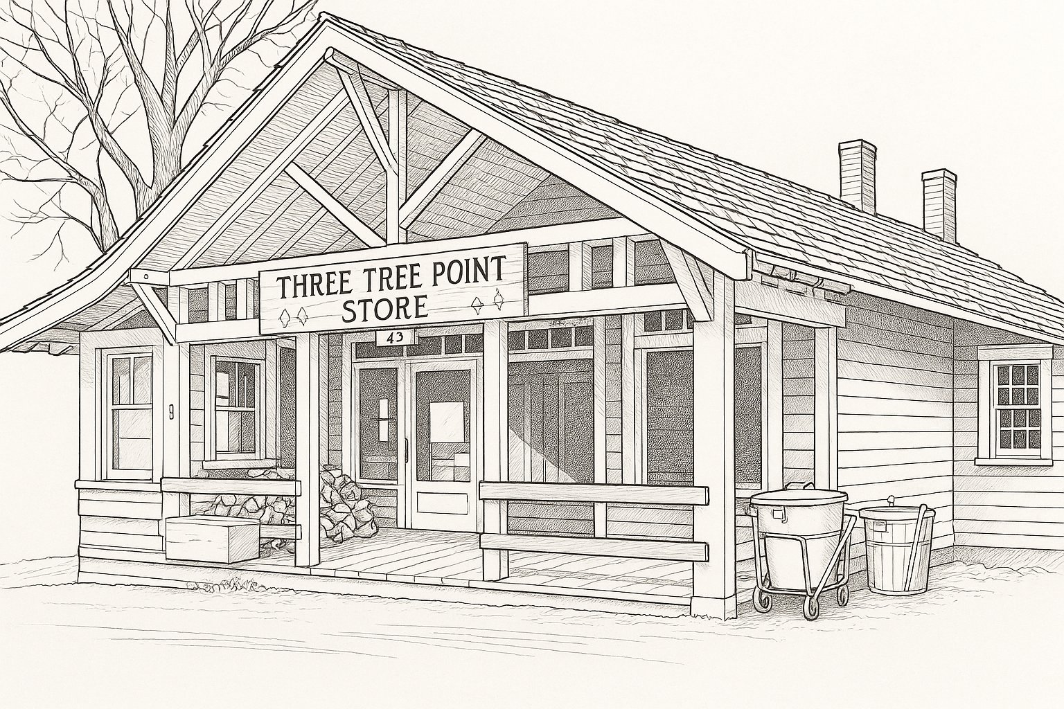 Pen-and-ink illustration of the Three Tree Point Store — a small gabled storefront with a covered porch, hand-lettered sign, and firewood stacked by the door.